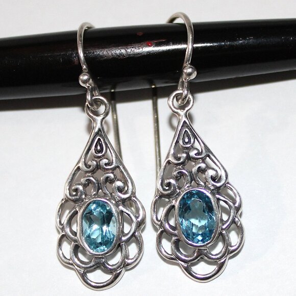 Sterling Silver Blue Topaz Dangle Earrings - Picture 1 of 4